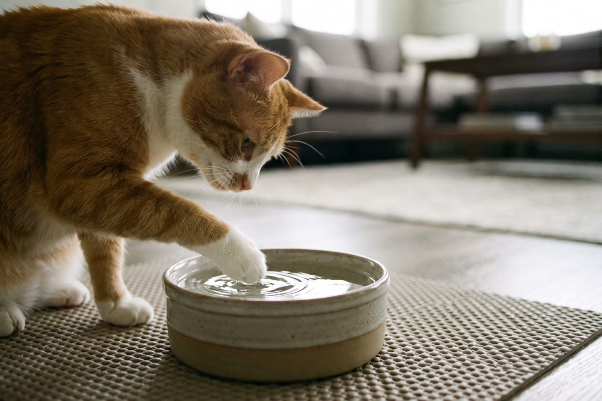 Chat trempant la patte dans un bol d'eau posé sur un tapis